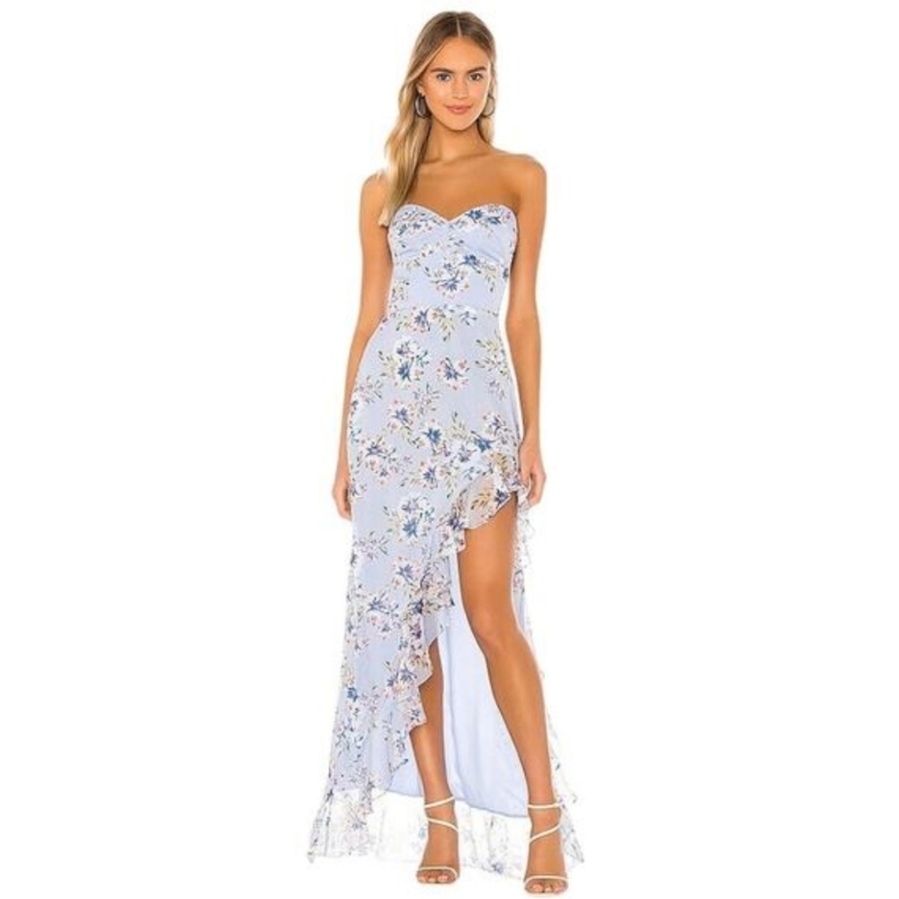 Amanda Uprichard Eden Gown in Aqua Flora Sz Medium Blue Assymetrical Maxi Dress